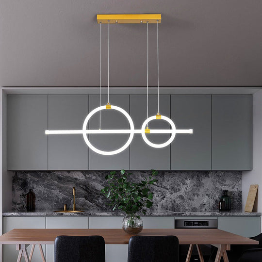 Gold Linear And Ring Led Island Chandelier For Dining Room With Simplicity Acrylic Design / White