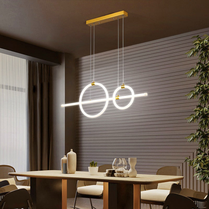 Gold Linear And Ring Led Island Chandelier For Dining Room With Simplicity Acrylic Design