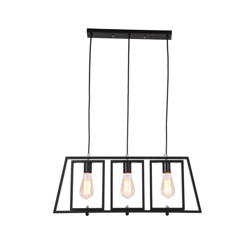 Industrial Metal Hanging Pendant Light Fixture - Trapezoid Frame 3-Light Black Rectangle Shade For