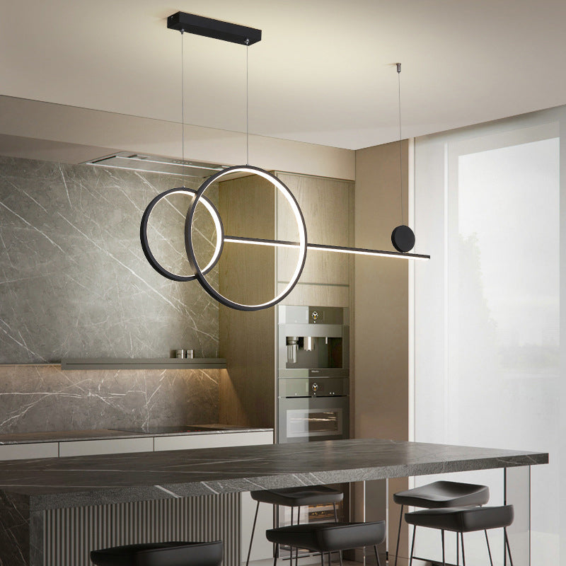 Sleek Ring And Linear Led Hanging Lamp: Minimalistic Metal Chandelier For Dining Rooms Islands Black