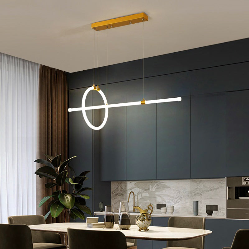 Gold Led Hanging Lamp: Ring And Tube Design Simplicity Island Chandelier For Dining Room