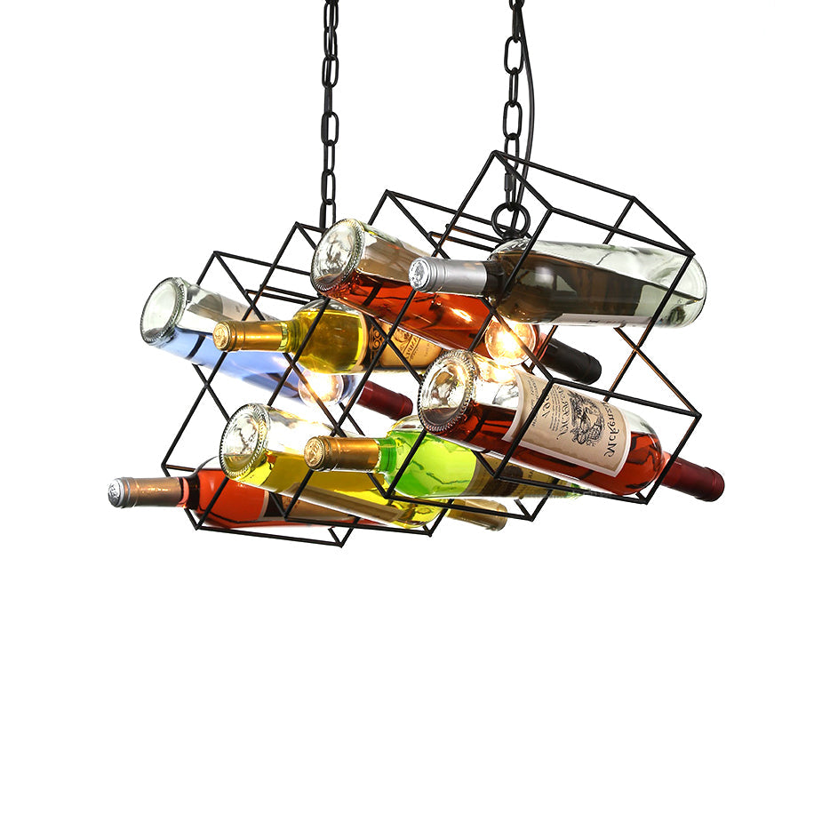 Industrial Cage Pendant Lamp with Exposed Bulb - Metal Black Chandelier Fixture (3 Light) incl. Wine Bottle Design
