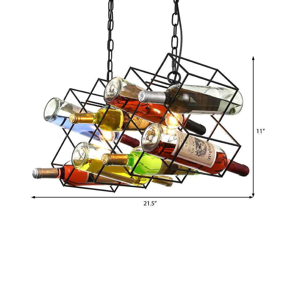 Industrial Cage Pendant Lamp with Exposed Bulb - Metal Black Chandelier Fixture (3 Light) incl. Wine Bottle Design