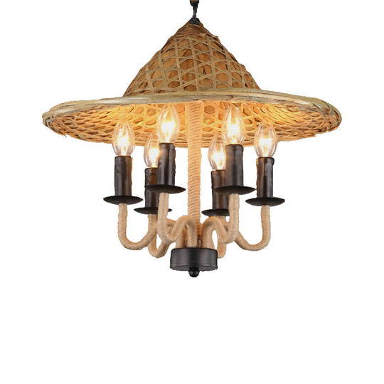 Vintage Rope Pendant Chandelier: 6-Light Black Hanging Fixture For Candle Dining Room With Cap