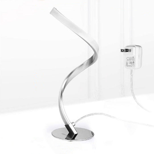 Minimalist Silver Led Nightstand Lamp - Spiral Shaped Metal Table Lighting With Single Bulb / White