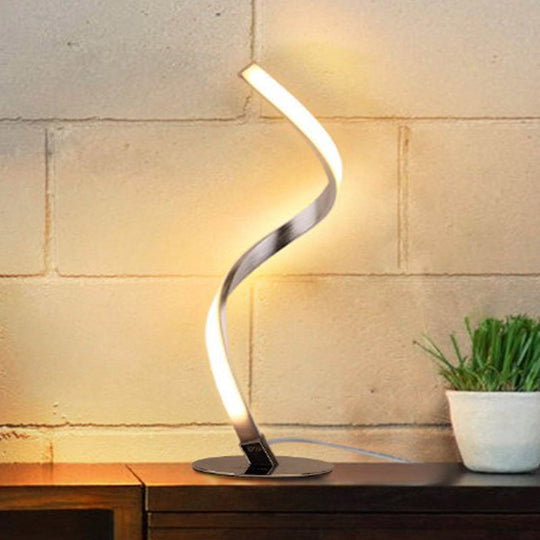 Minimalist Silver Led Nightstand Lamp - Spiral Shaped Metal Table Lighting With Single Bulb