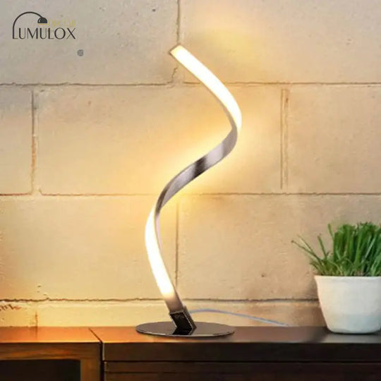 Spiral Shaped Metal Table Lighting Minimalist Single Bulb Silver LED Nightstand Lamp
