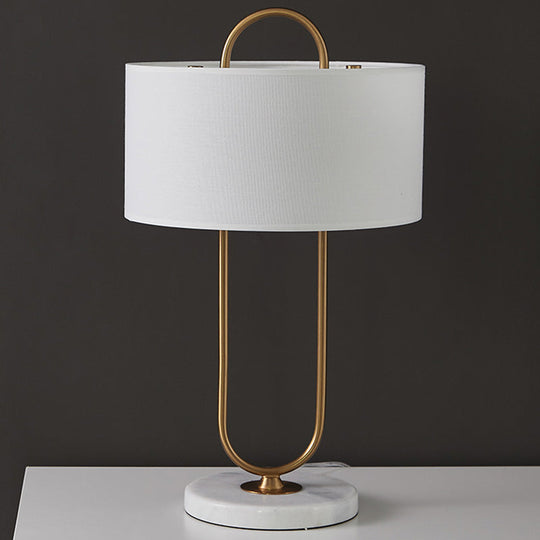 Metallic Modern Night Light: Oblong Bedside Table Lamp With Marble Base & Fabric Drum Shade White