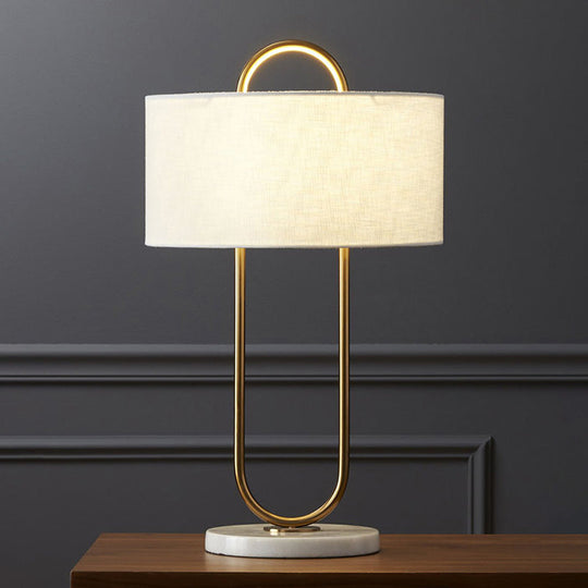 Metallic Modern Night Light: Oblong Bedside Table Lamp With Marble Base & Fabric Drum Shade