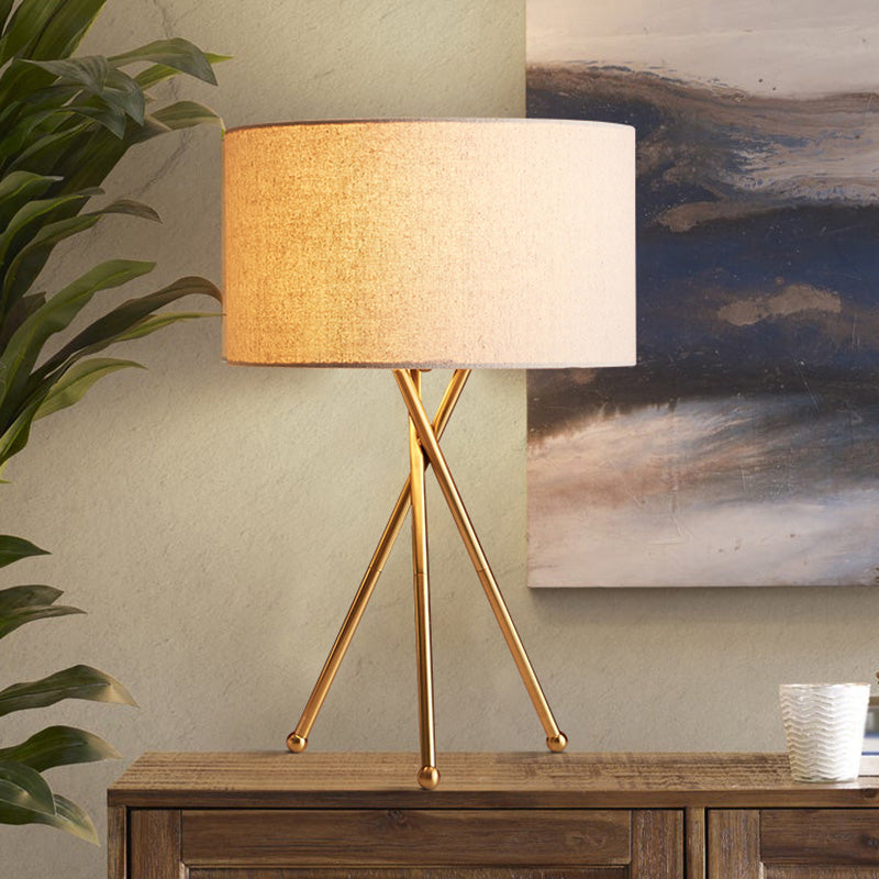 Drum Shaped Table Lamp With Metallic Tripod: Artistic Nightstand Light Flaxen