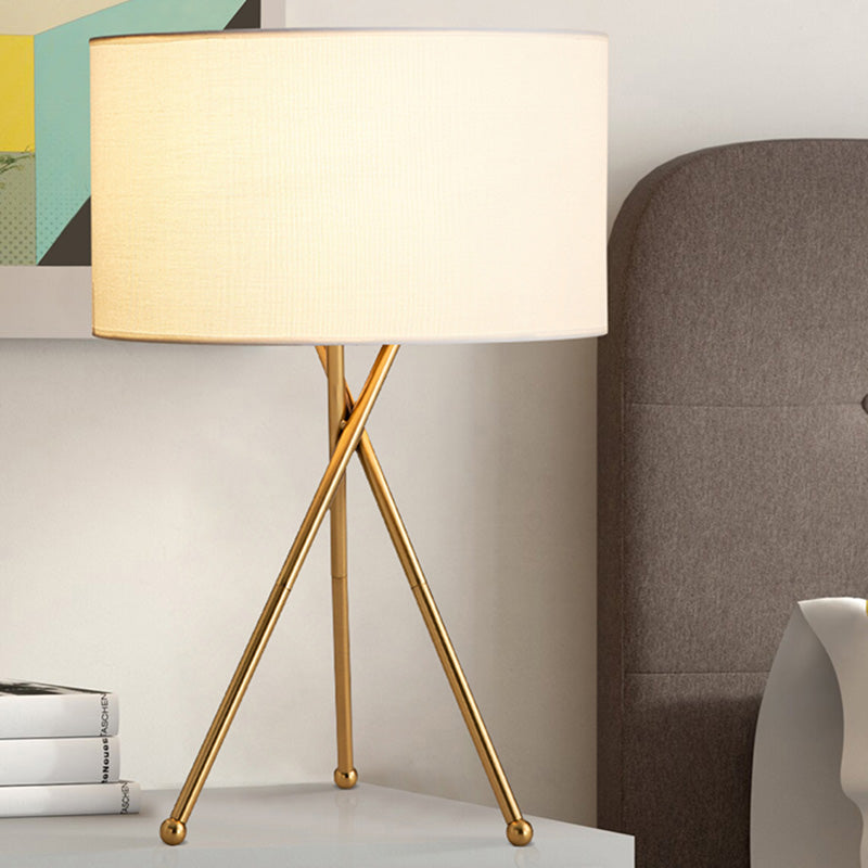 Drum Shaped Table Lamp With Metallic Tripod: Artistic Nightstand Light White