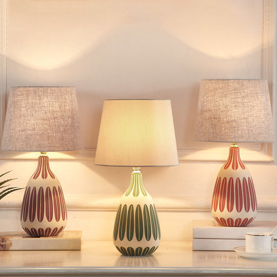 Tapered Contemporary Fabric Bedside Lamp With Earthenware Base