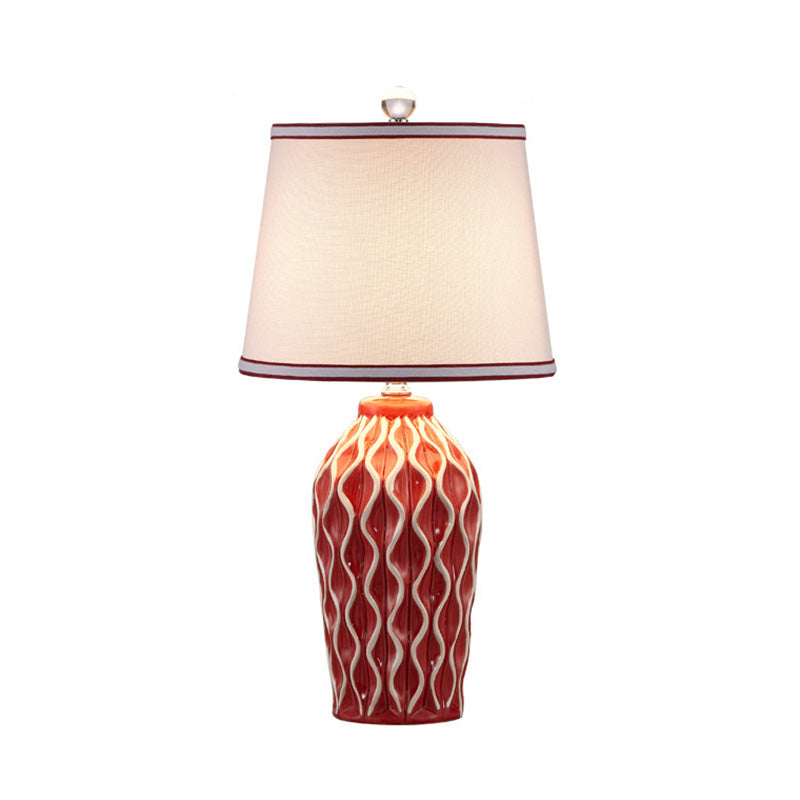 Nordic Style Fabric Conical Table Lamp With Pottery Decor - Single Nightstand Light Red