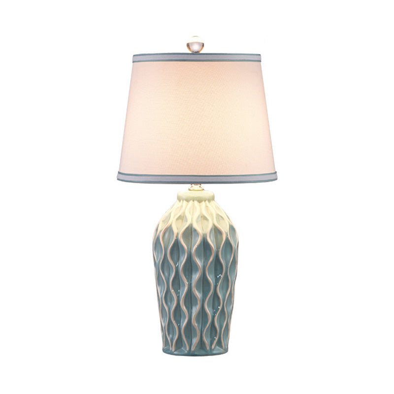 Nordic Style Fabric Conical Table Lamp With Pottery Decor - Single Nightstand Light Blue