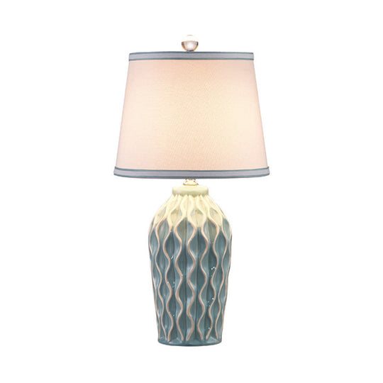 Nordic Style Fabric Conical Table Lamp With Pottery Decor - Single Nightstand Light Blue