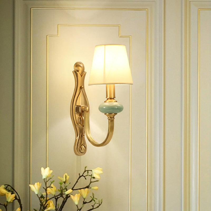 Gold Cone Fabric Shade Arc Arm Wall Sconce Light