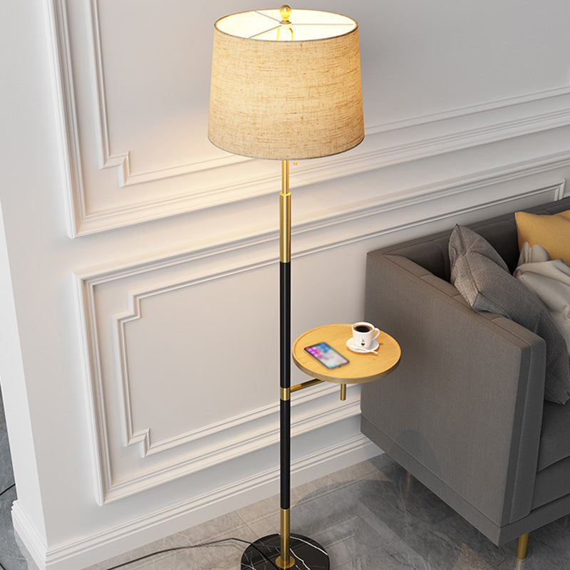 Traditional Single Living Room Floor Lamp With Pull Chain Fabric Empire Shade & Wooden Tray In