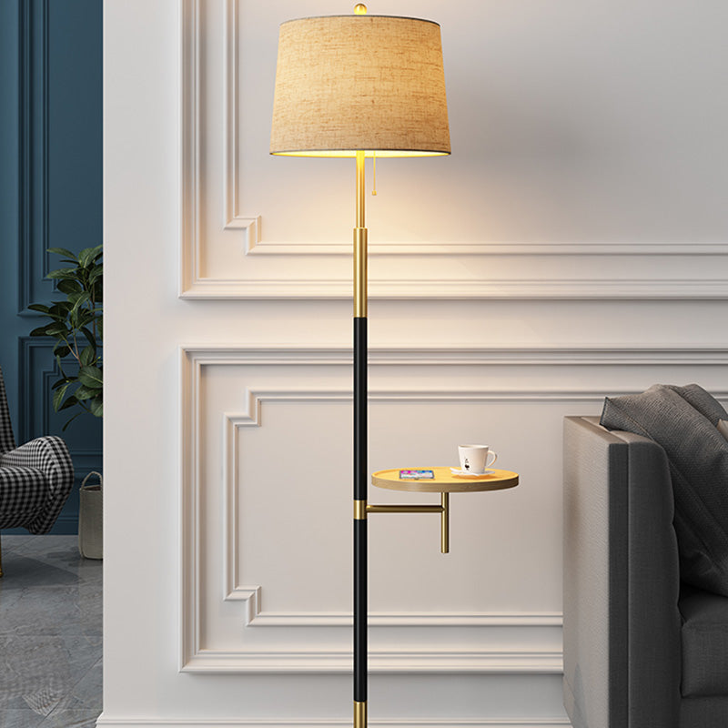 Traditional Single Living Room Floor Lamp With Pull Chain Fabric Empire Shade & Wooden Tray In