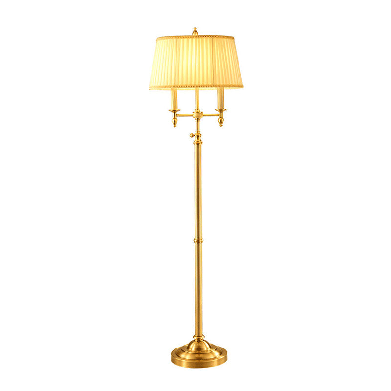 Vintage Gold Candelabra Floor Lamp With Pleated Empire Shade - 2 Bulbs Metallic Finish Perfect For