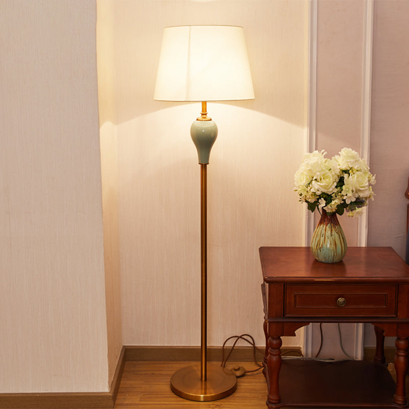 Classic Gold Fabric Floor Lamp With Tapered Shade - Ideal For Living Room / Ceramic B