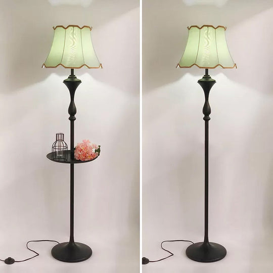 Traditional Bell Shaped Fabric Floor Lamp With Scalloped Trim For Living Room - Single-Bulb Standing