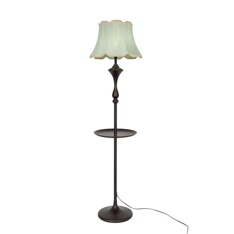 Traditional Bell Shaped Fabric Floor Lamp With Scalloped Trim For Living Room - Single-Bulb Standing