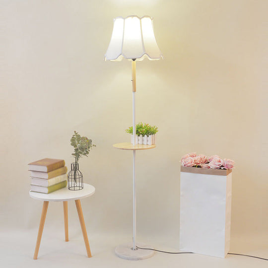 Simplicity 1-Light Floor Light With Wooden Tray - Flared Shaped Fabric Lamp White