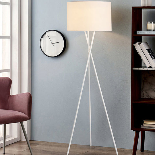 Vintage Tripod Metal Floor Lamp With Drum Fabric Shade - Perfect For Living Room White