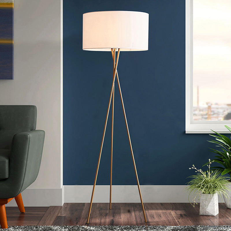 Minimalist Drum-Shaped Fabric Floor Lamp With Metal Tripod Stand White