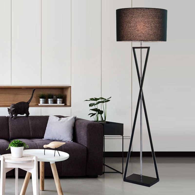 Drum Shape Floor Lamp: Simplicity Fabric Living Room Standing Light With Hourglass Base Black