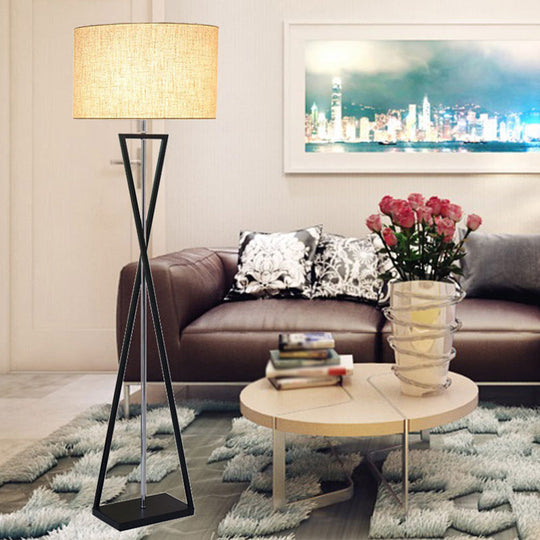 Drum Shape Floor Lamp: Simplicity Fabric Living Room Standing Light With Hourglass Base Flaxen