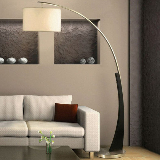 Arched Fishing Rod Lamp - Elegant 1-Light Metal Floor Light With Drum Fabric Shade In Black