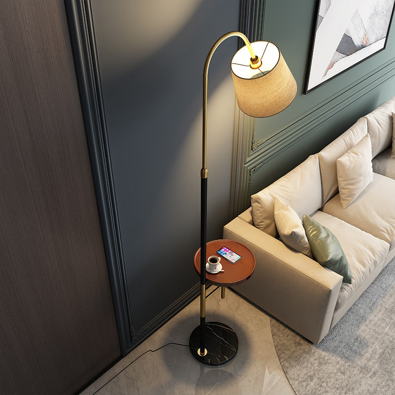 Black Single-Bulb Floor Lamp: Traditional Tapered Shape With Tray & Fabric Standing Light / A