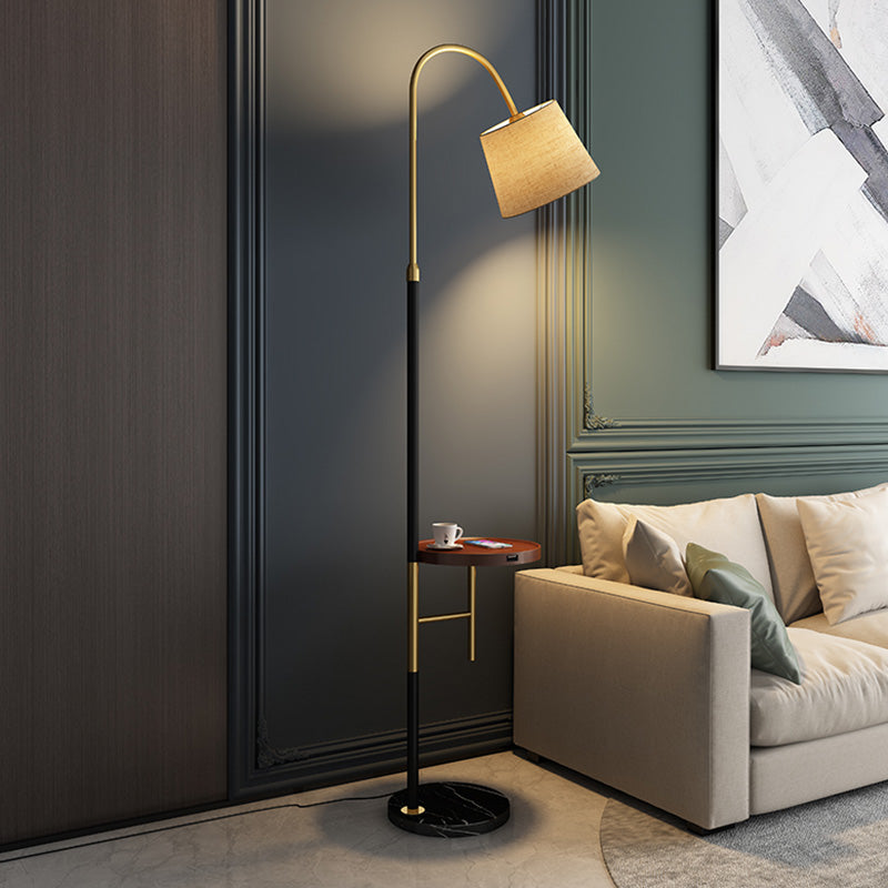 Black Single-Bulb Floor Lamp: Traditional Tapered Shape With Tray & Fabric Standing Light