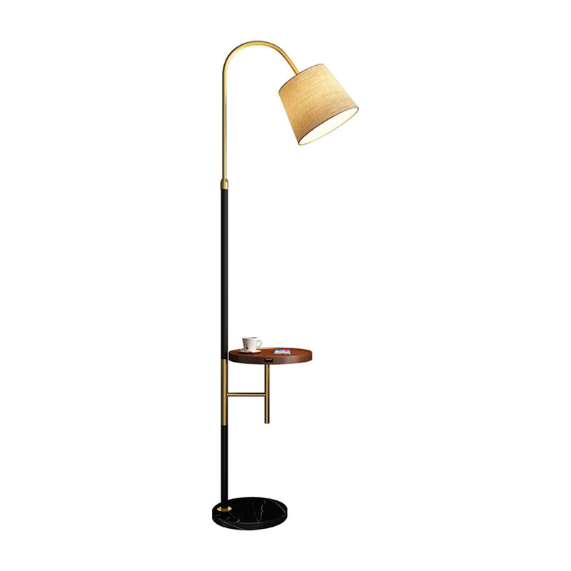 Black Single-Bulb Floor Lamp: Traditional Tapered Shape With Tray & Fabric Standing Light