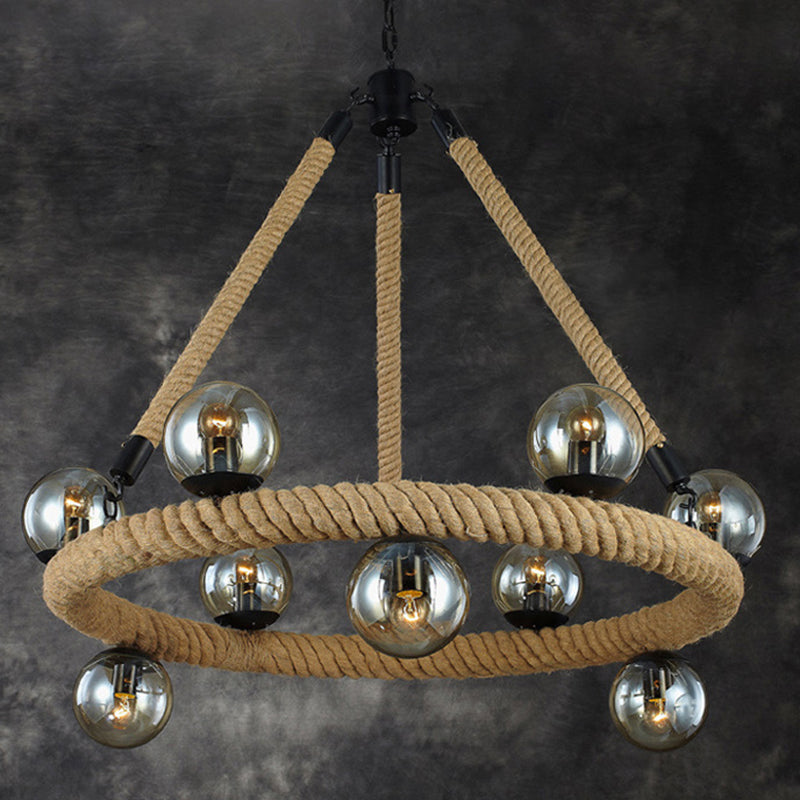 Industrial Black Metal 9-Bulb Ring Chandelier with Gray Glass Globe Shade