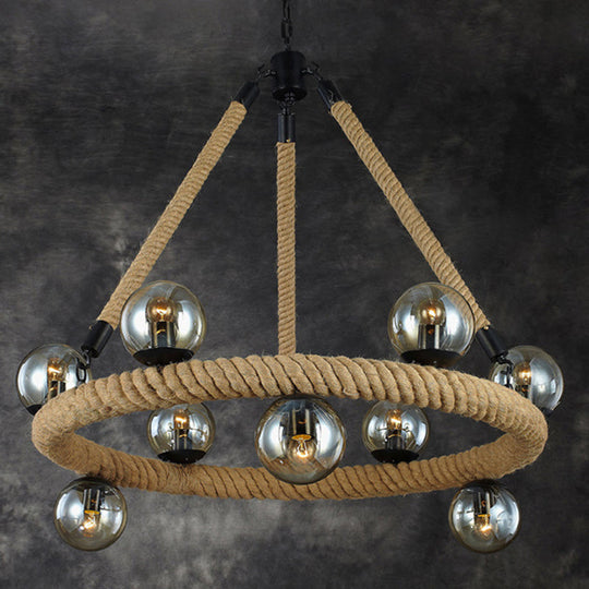 Industrial Black Metal Chandelier Light - Modern 9 Bulbs Ring Fixture With Gray Glass Globe Shade