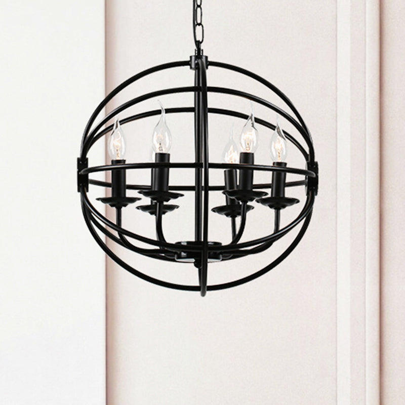 Industrial Black Metal Chandelier - 6-Light Candle Pendant with Globe Design for Dining Room