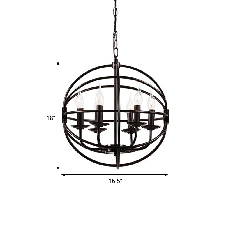 Industrial Black Chandelier With Globe Design - 6-Light Metal Pendant Fixture For Dining Room