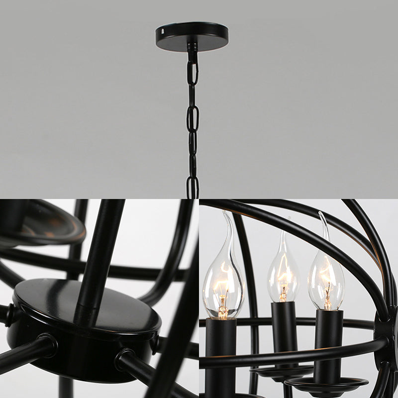 Industrial Black Chandelier With Globe Design - 6-Light Metal Pendant Fixture For Dining Room