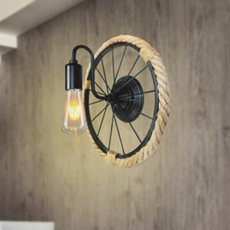 Industrial Rope Wall Mounted Sconce Lamp With Open Bulb And Wheel Shape - Black