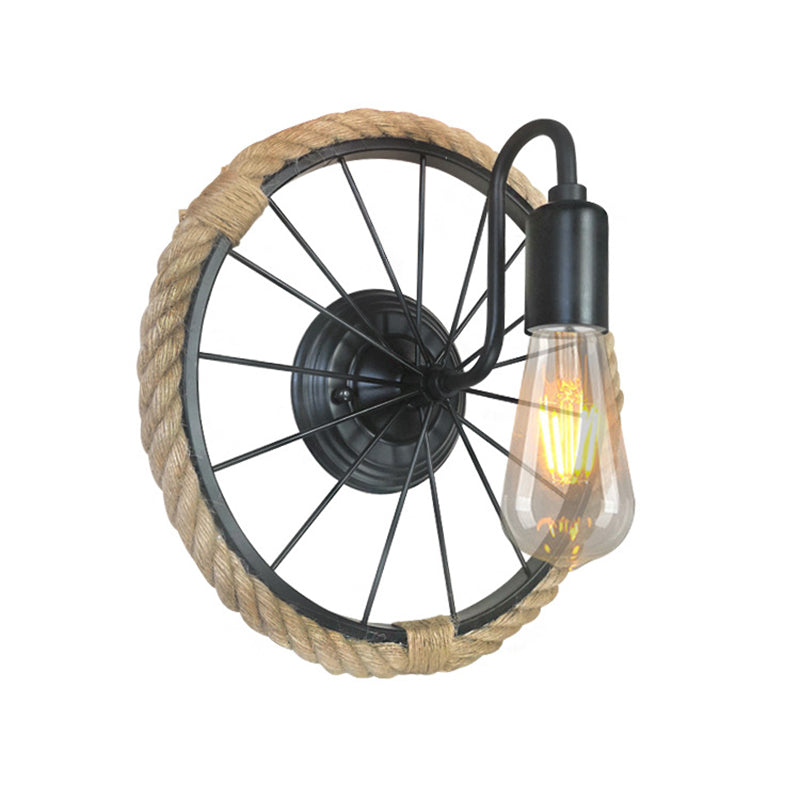 Industrial Rope Wall Mounted Sconce Lamp With Open Bulb And Wheel Shape - Black