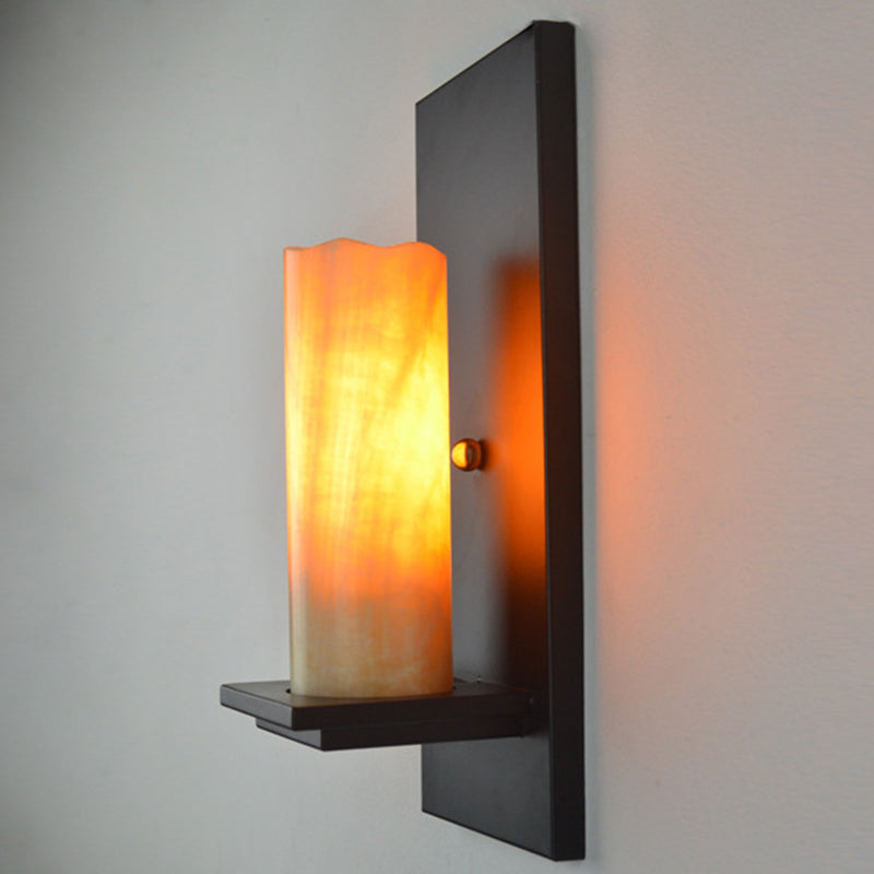 Industrial Beige Marble/Clear Glass Cylinder Sconce - Wall Mounted Bedroom Lamp With Single Bulb