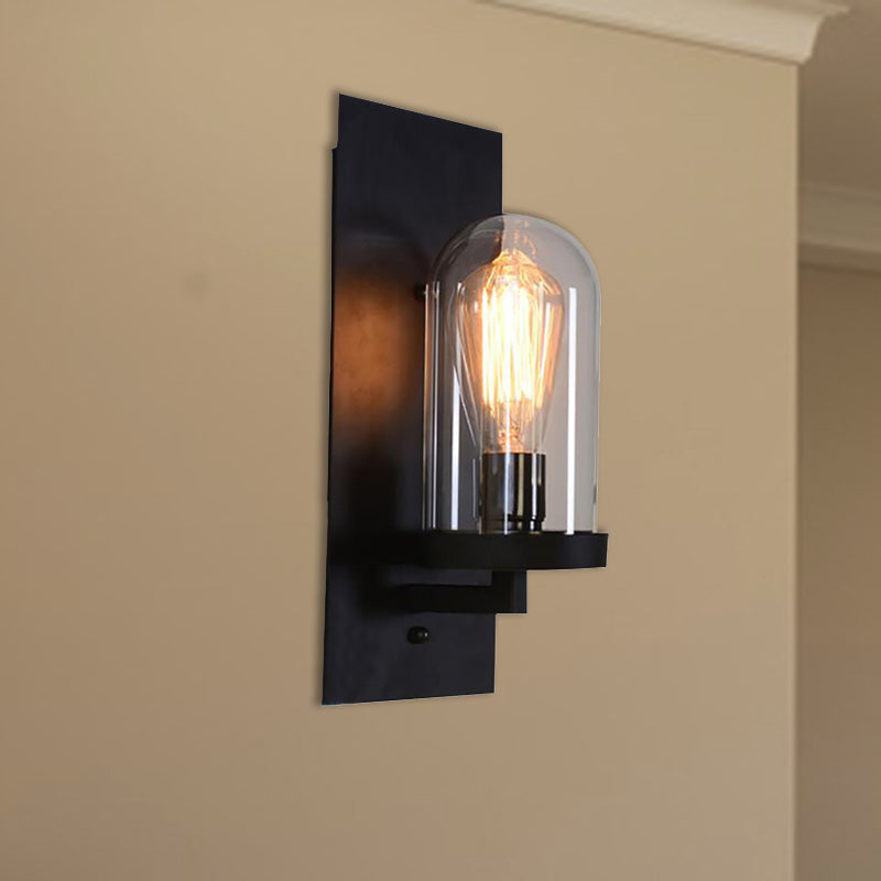 Industrial Beige Marble/Clear Glass Cylinder Sconce - Wall Mounted Bedroom Lamp With Single Bulb