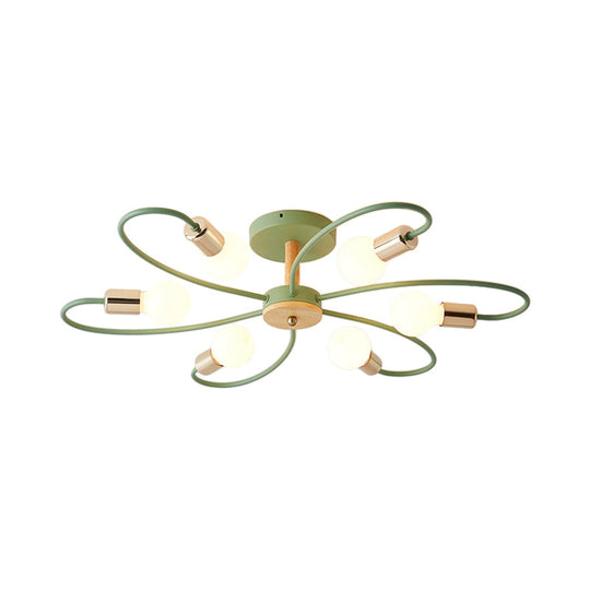 Contemporary Sputnik Semi Flush Lamp With Curved Arm - 3/6/8 Lights Grey/Green Metal Finish