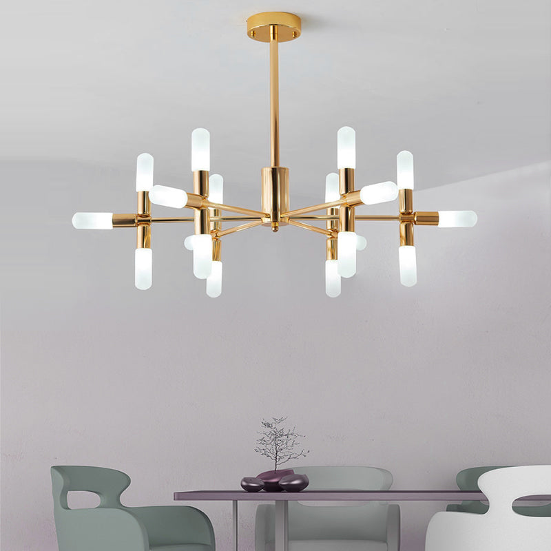 Contemporary Tubular Chandelier: 18/36-Light Black/Gold Metal Hanging Lamp with Starburst Design
