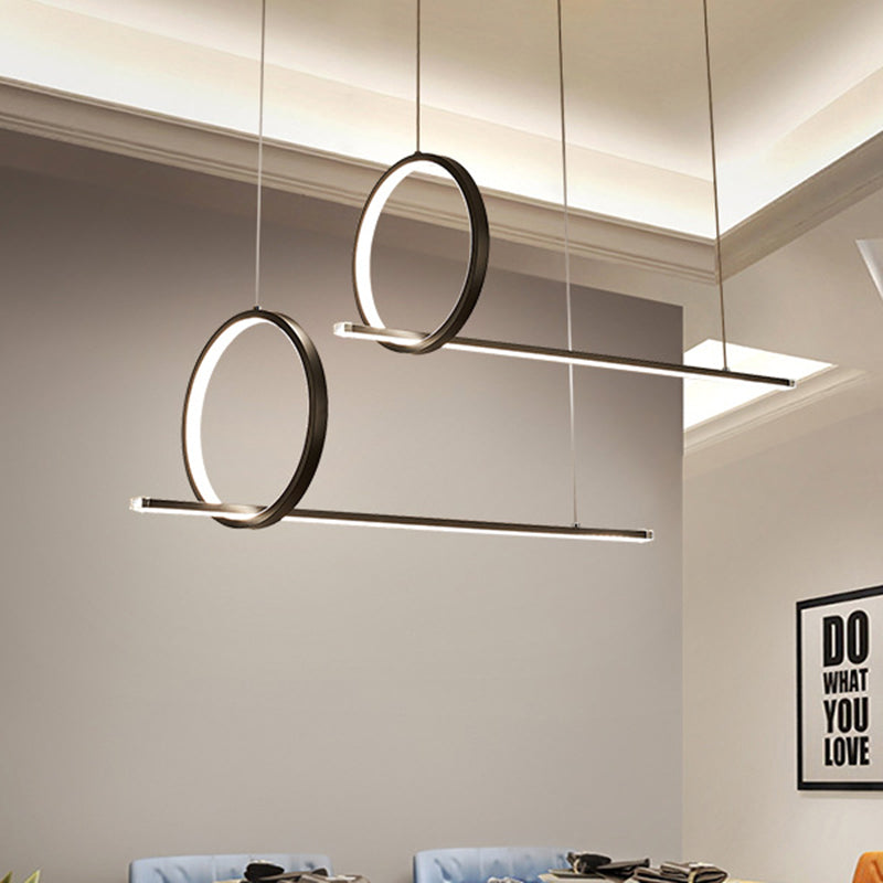 Simple Acrylic Linear and Ring Ceiling Chandelier - Black Hanging Light with Warm/White Glow