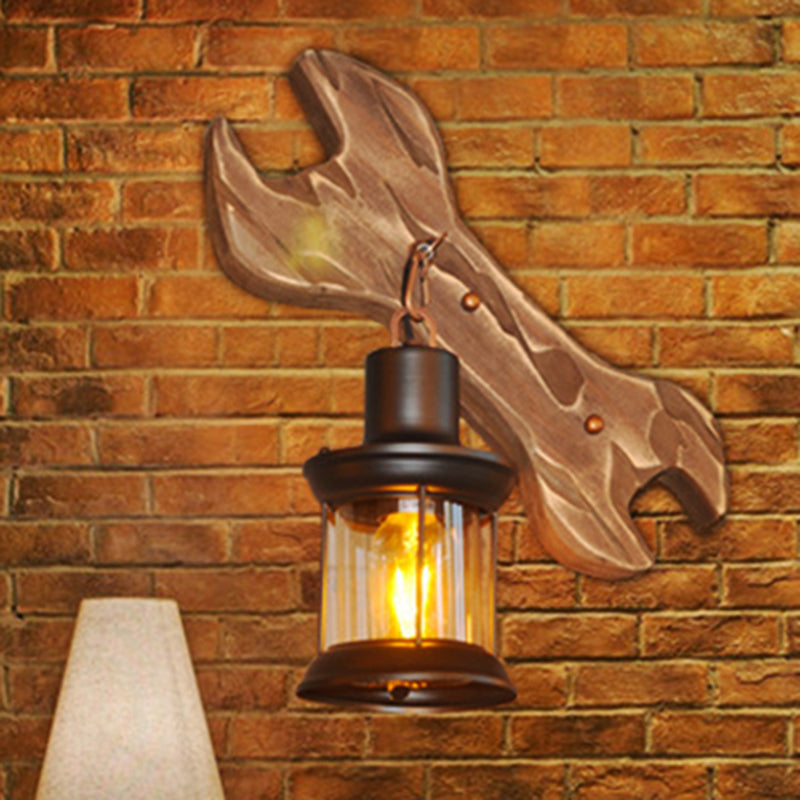 Rustic Lantern Indoor Wall Light: Unique Design Clear Glass 1 Light Sconce Lamp With Wooden