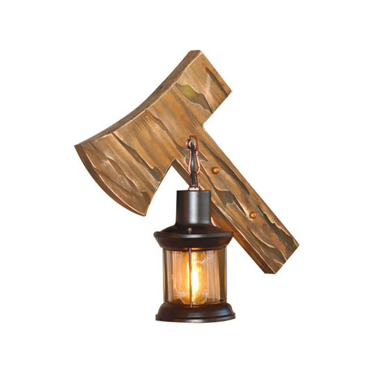 Rustic Lantern Indoor Wall Light: Unique Design Clear Glass 1 Light Sconce Lamp With Wooden