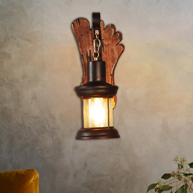 Coastal Clear Glass Kerosene Wall Lamp: Black Sconce Light With Wooden Foot /